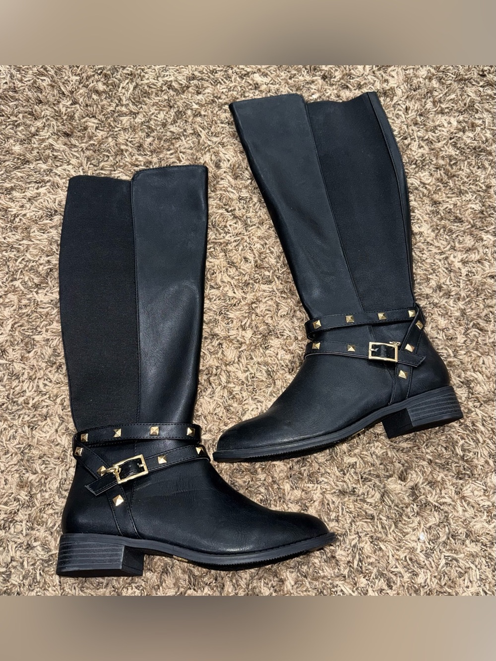 Black Studded Strap Knee-High Riding Boots